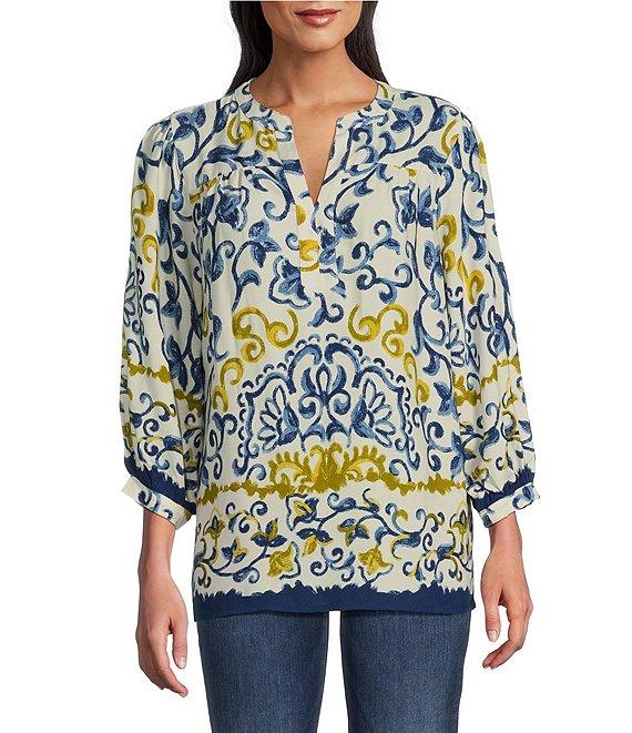 Figueroa & Flower Woven Border Print Banded Split V-Neck Long Sleeve Shirt Product Image