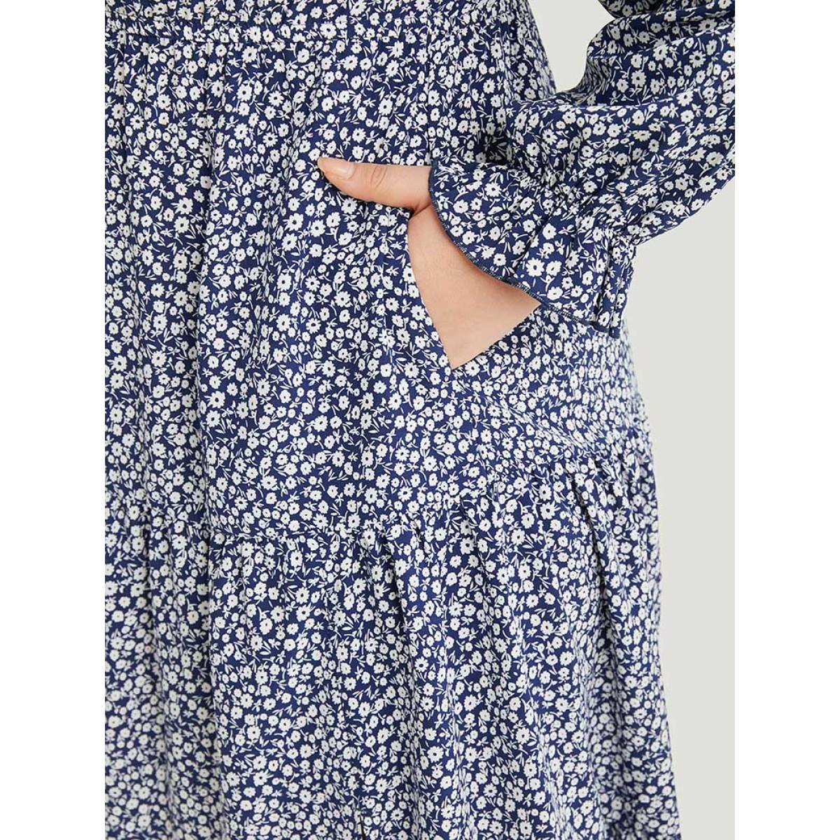 Plus Size Ditsy Floral Pocket Button Detail Split Hem Dress Indigo Women Elegant Elastic cuffs V-neck Long Sleeve Curvy Midi Dress BloomChic 18-20/2X Product Image