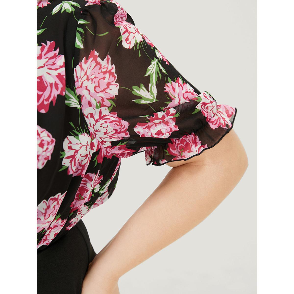 Plus Size Floral Patchwork Mesh Puff Sleeve Bodycon Dress Black Women Elegant Gathered Round Neck Short sleeve Curvy Knee Dress BloomChic 26/4X Product Image