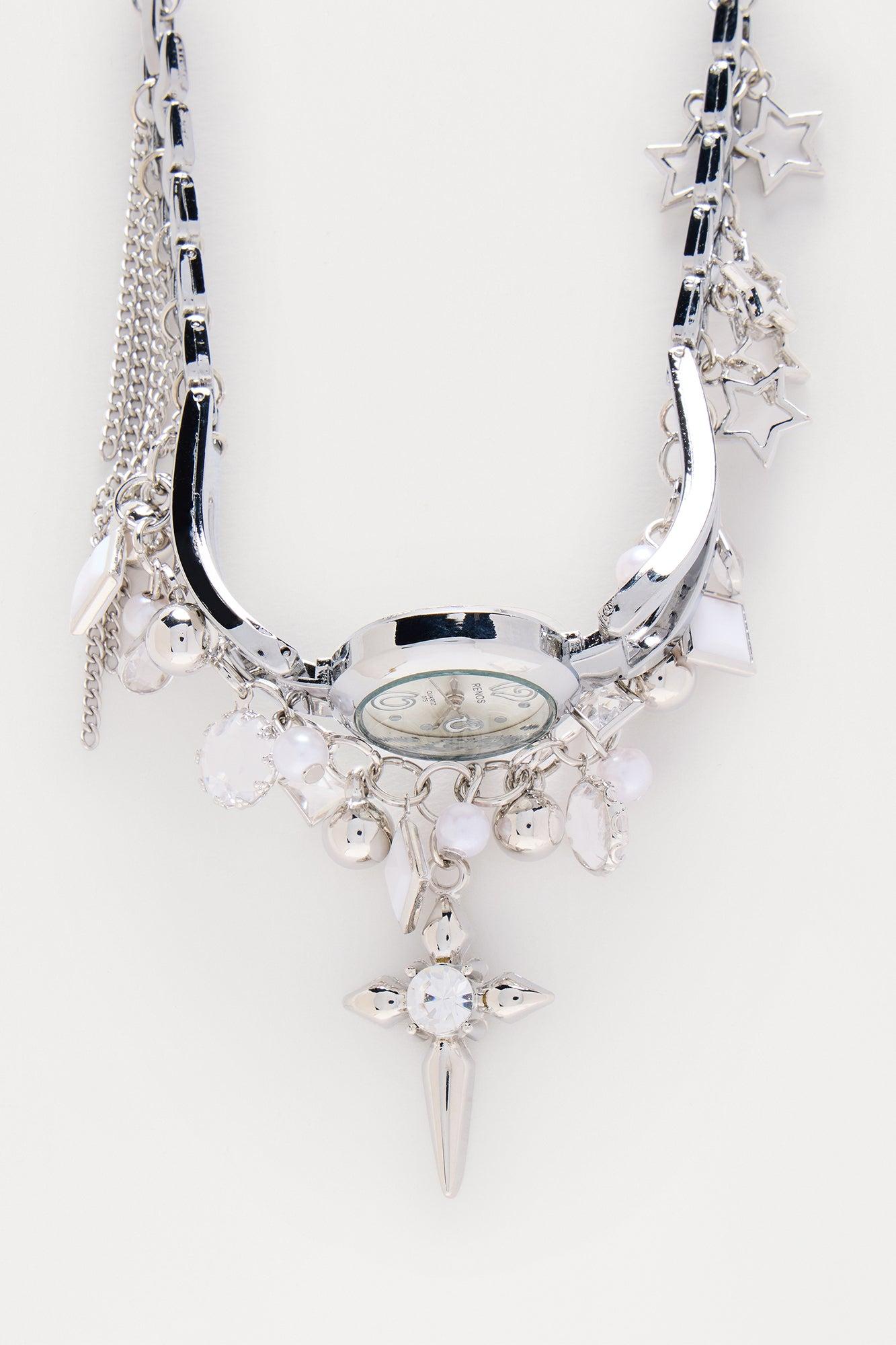 Watch The Neck Charm Choker Necklace - Silver Female Product Image