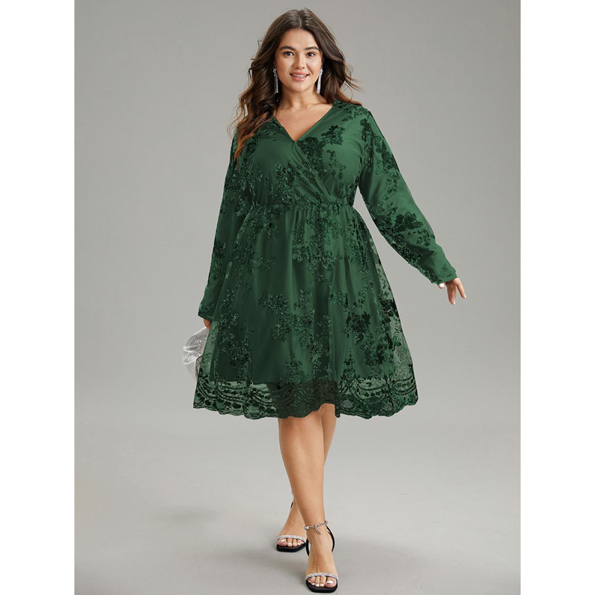 Plus Size Floral Sequin Elastic Waist Mesh Wrap Dress DarkGreen Women Party Sequin Overlap Collar Long Sleeve Curvy Midi Dress BloomChic 14-16/1X Product Image