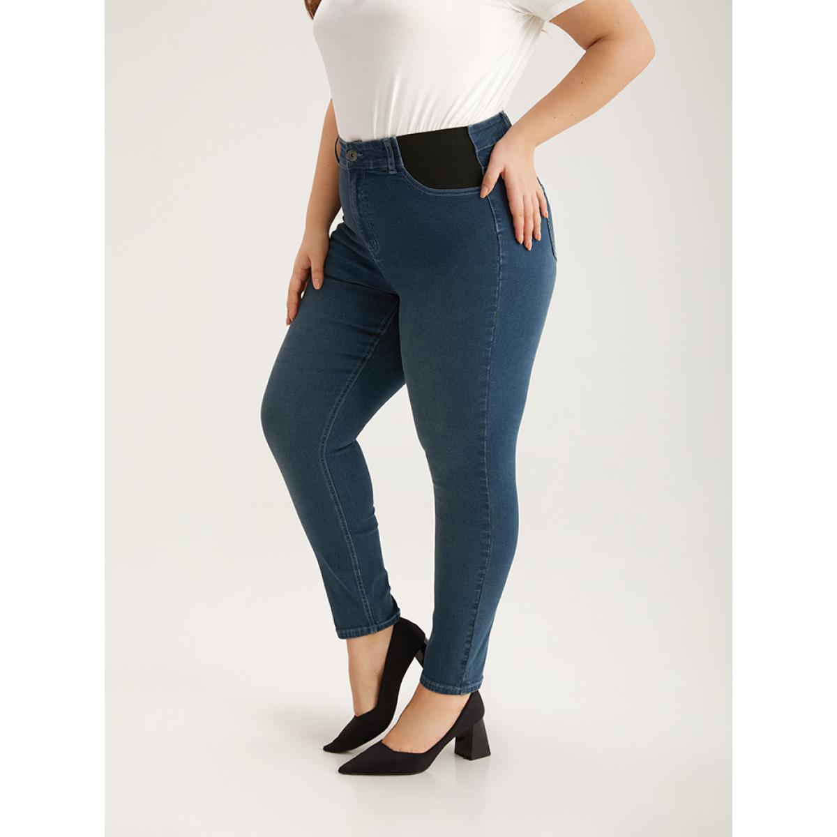 Plus Size Contrast Pocket Elastic Waist Very Stretchy Jeans Women Indigo Casual Plain Elastic Waist High stretch Pocket Jeans BloomChic 22/3X Product Image