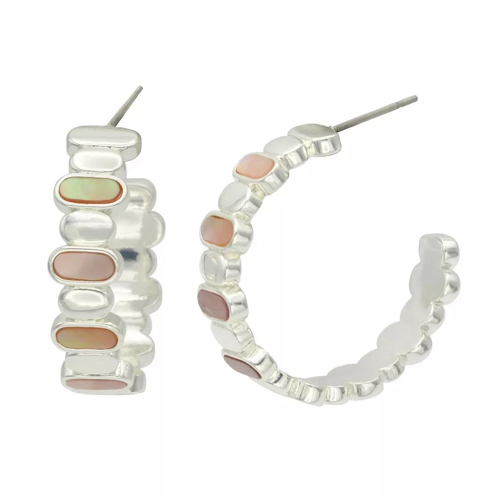 City Luxe Silver Tone Mother of Pearl Hoop Earrings, Womens, Silver Tone Pink Product Image
