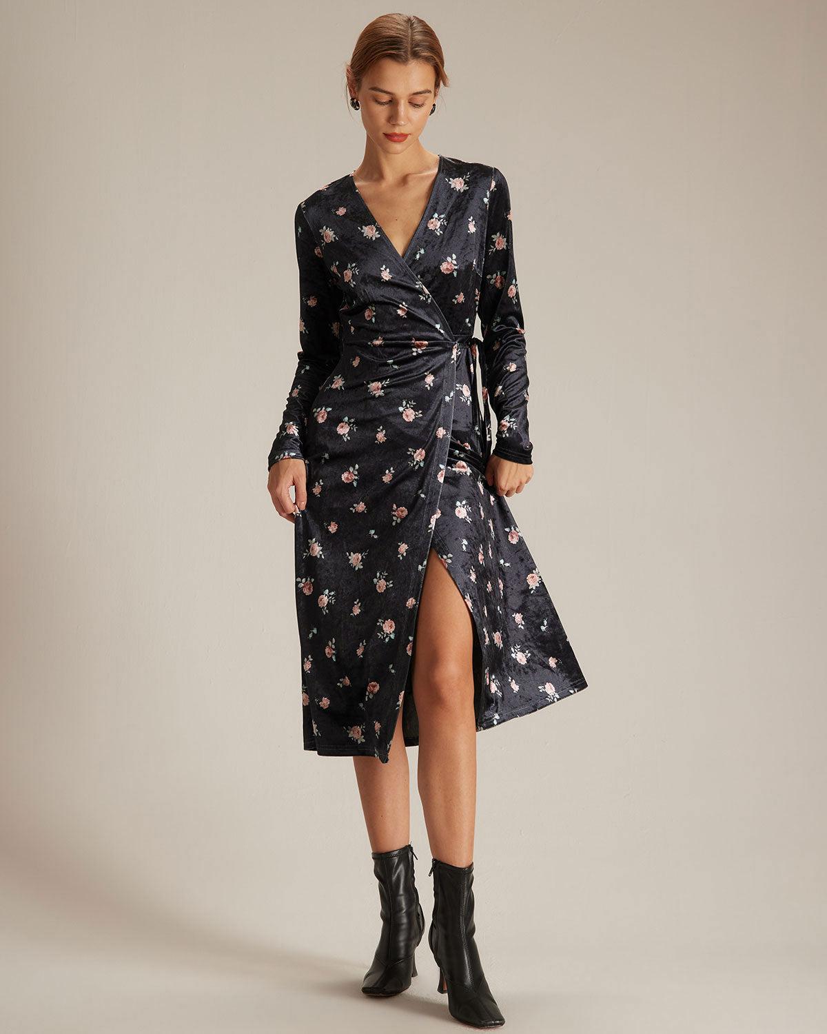 The Black V Neck Floral Velvet Wrap Midi Dress Product Image