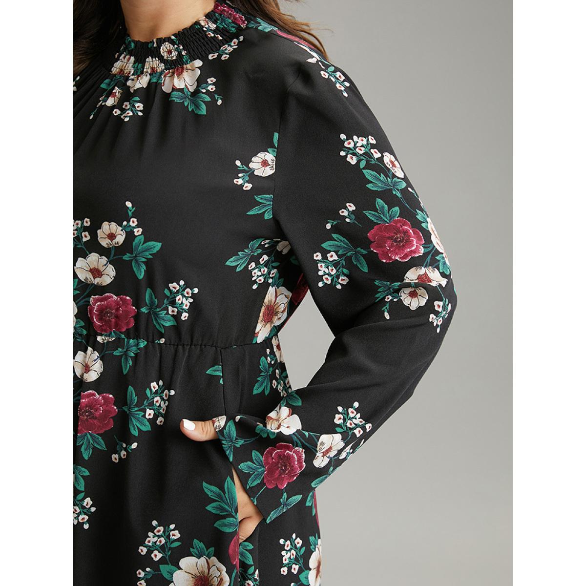 Plus Size Floral Print Shirred Mock Neck Dress Black Women Elegant Printed Mock Neck Long Sleeve Curvy Midi Dress BloomChic 26/4X Product Image