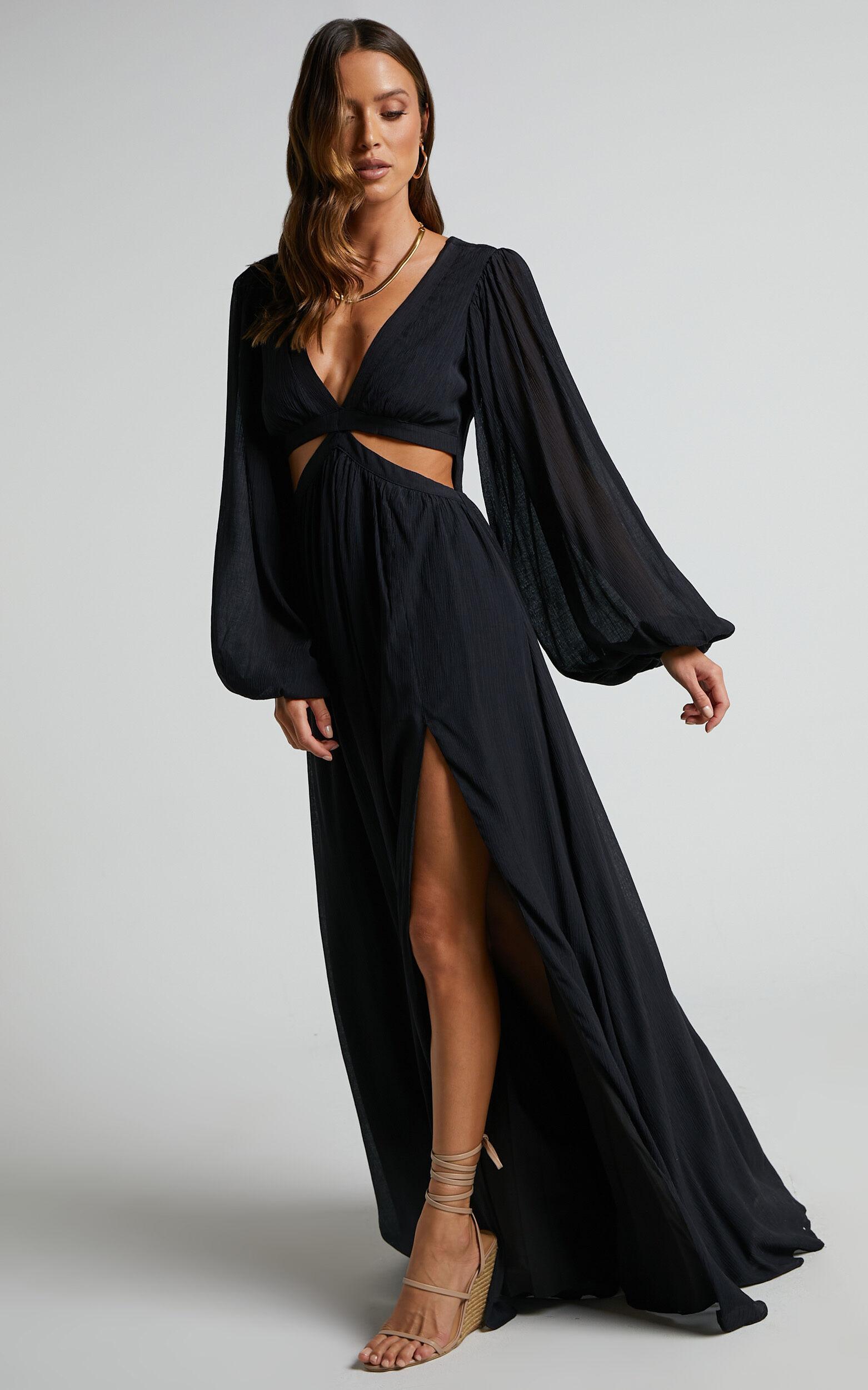 Paige Maxi Dress - Side Cut Out Balloon Sleeve Dress in Black Product Image