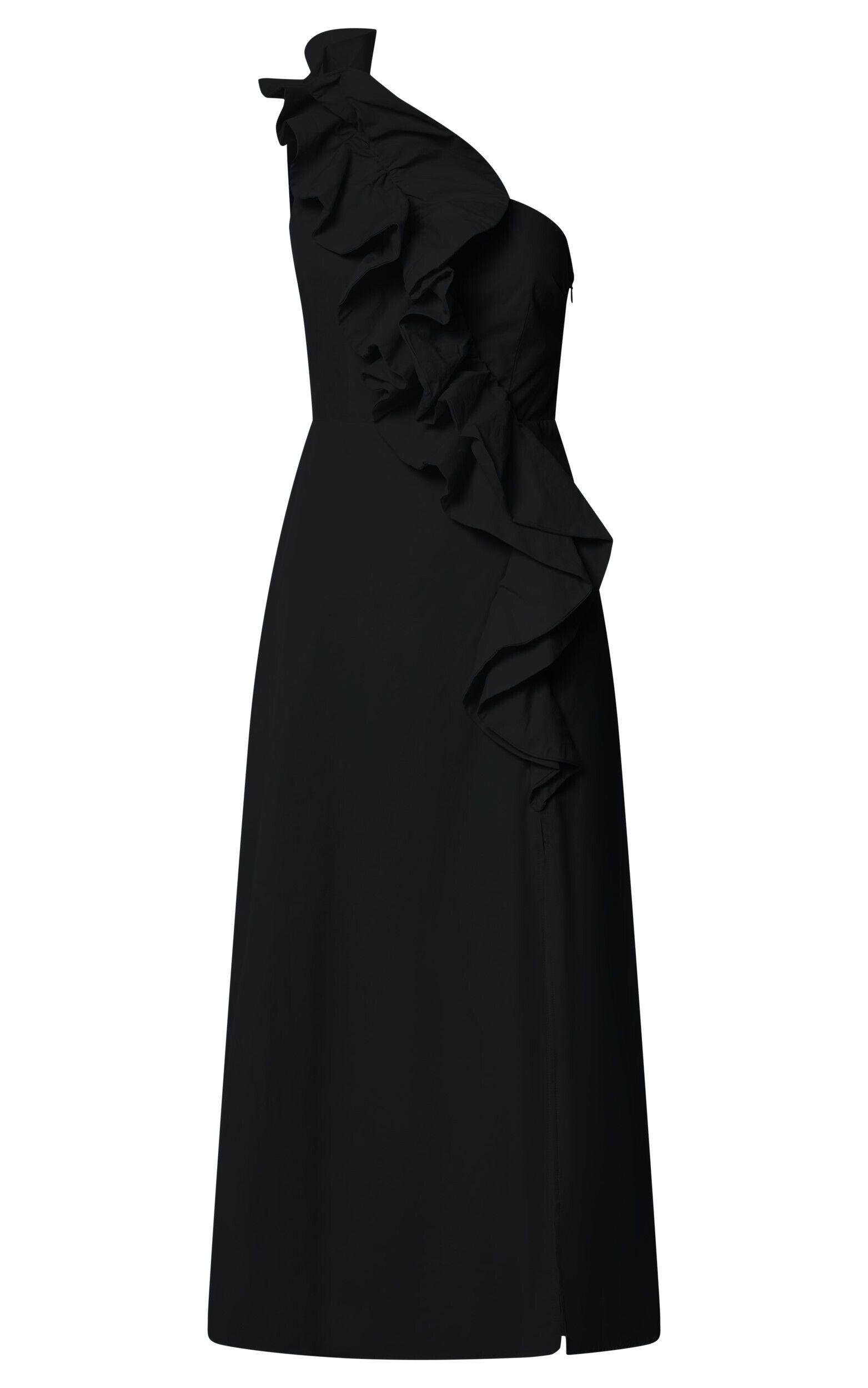 Rita Midi Dress - One Shoulder Ruffle Detail Dress in Black Product Image