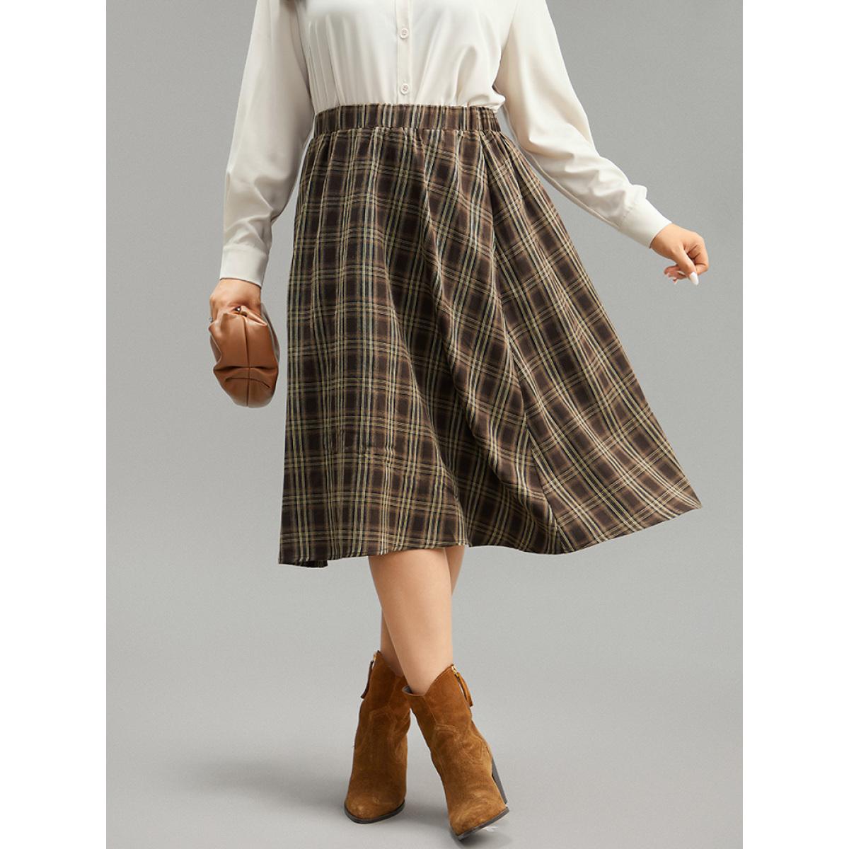 Plus Size Plaid Print Pocket Elastic Waist Skirt Women DarkBrown Office Elastic Waist No stretch Pocket Work Skirts BloomChic 14-16/1X Product Image
