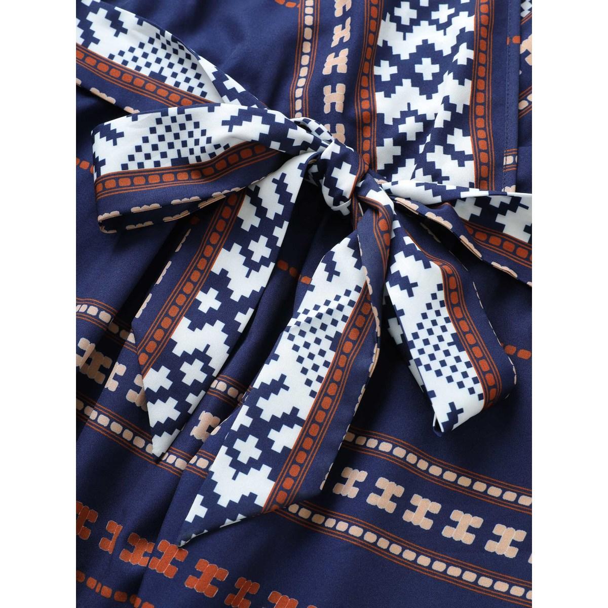 Plus Size Boho Print Wrap Flutter Sleeve Belted Dress DarkBlue Women Resort Overlapping Overlap Collar Short sleeve Curvy Midi Dress BloomChic 10/M Product Image