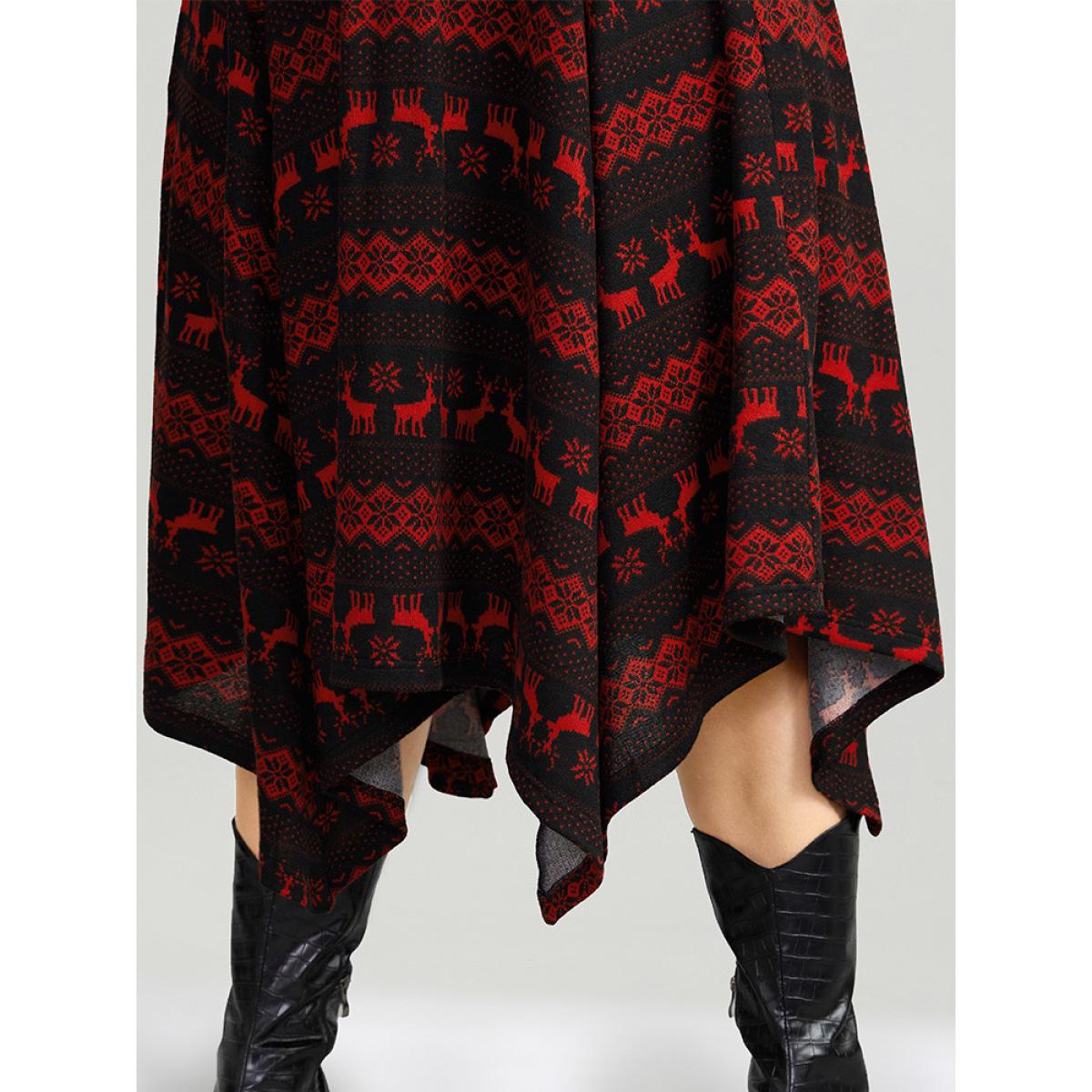 Plus Size Christmas Elk Elastic Waist Hanky Hem Dress Scarlet Women Casual Printed Round Neck Elbow-length sleeve Curvy Midi Dress BloomChic 18-20/2X Product Image