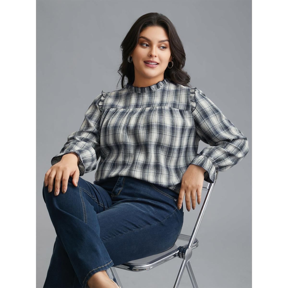 Plus Size Indigo Plaid Ruffle Trim Gathered Blouse Women Elegant Extra Long Sleeve Round Neck Everyday Blouses BloomChic 14-16/1X Product Image