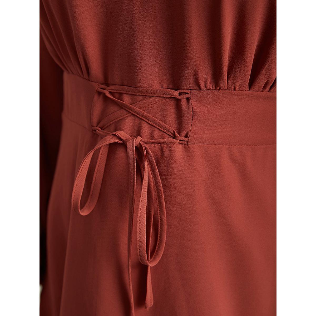 Plus Size Rust Chiffon Lace Up Shirred Frill Trim Blouse Women Office Long Sleeve V-neck Office Blouses BloomChic 18-20/2X Product Image