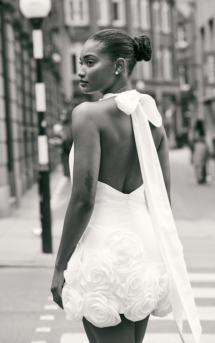 Premium White Woven Floral Ruffle Detail High Neck Cowl Bodycon Dress Product Image