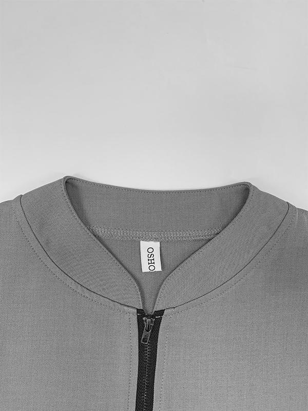 Loose Short Sleeves Solid Color Zipper V-Neck Blouses&Shirts Tops Product Image