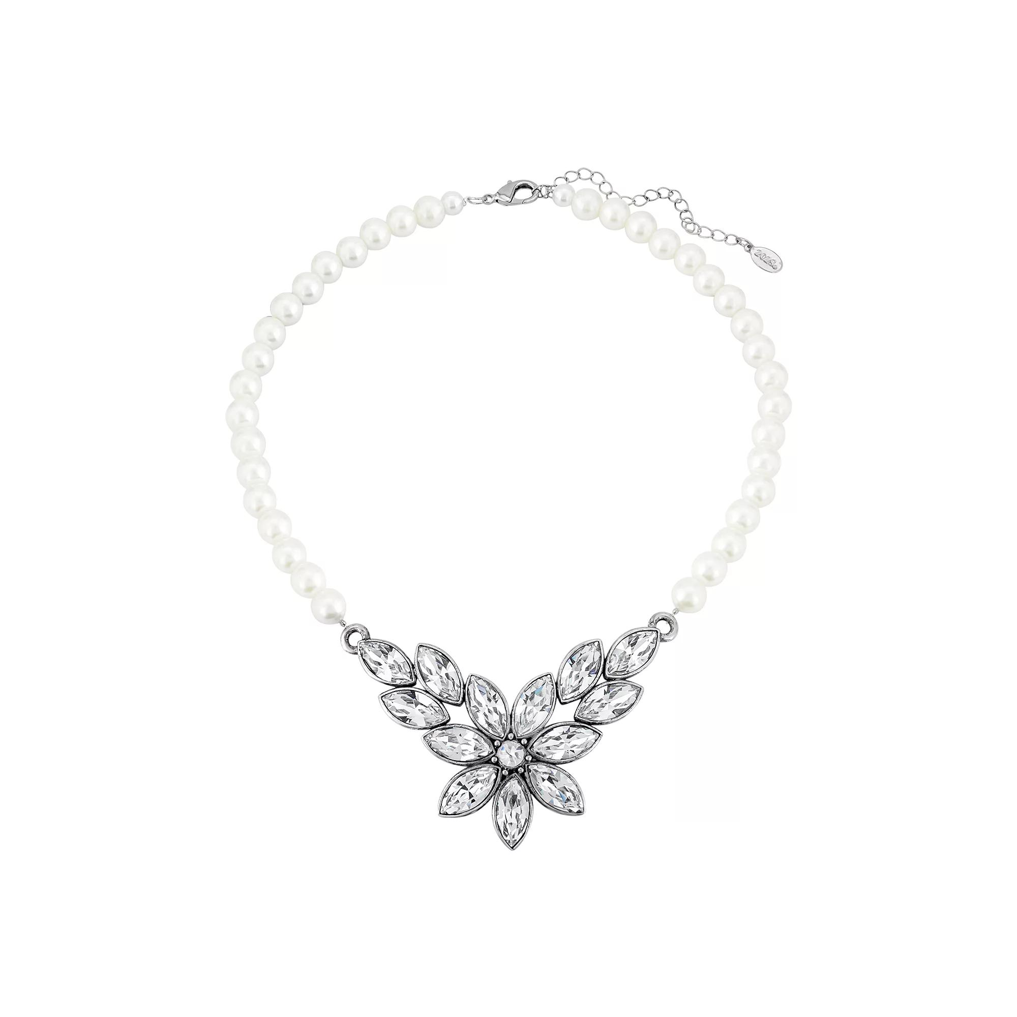 1928 Silver Tone Simulated Crystal Flower Frontal Necklace, Women's, White Product Image