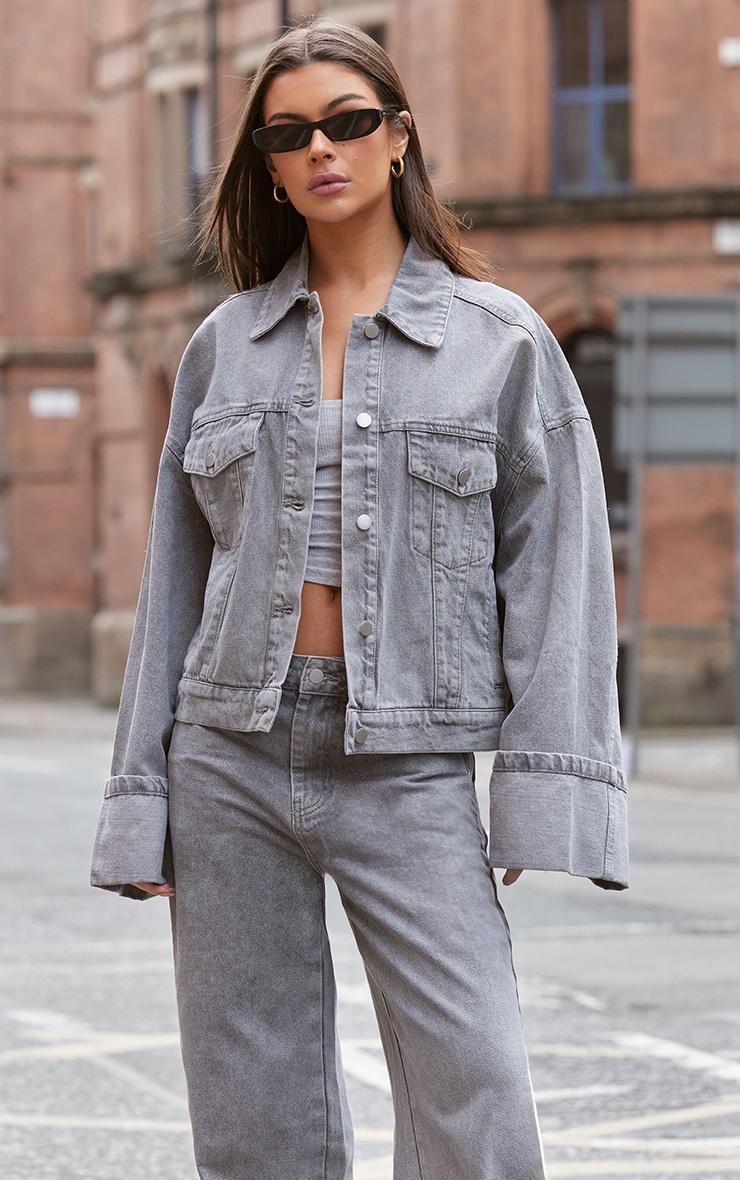 Light Grey Wash Turn Up Hem Wide Leg Jeans Product Image