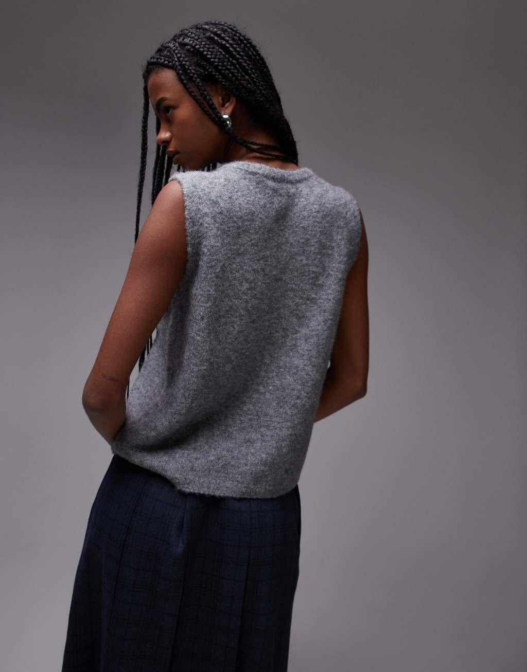 Topshop knitted gold button tank in gray Product Image