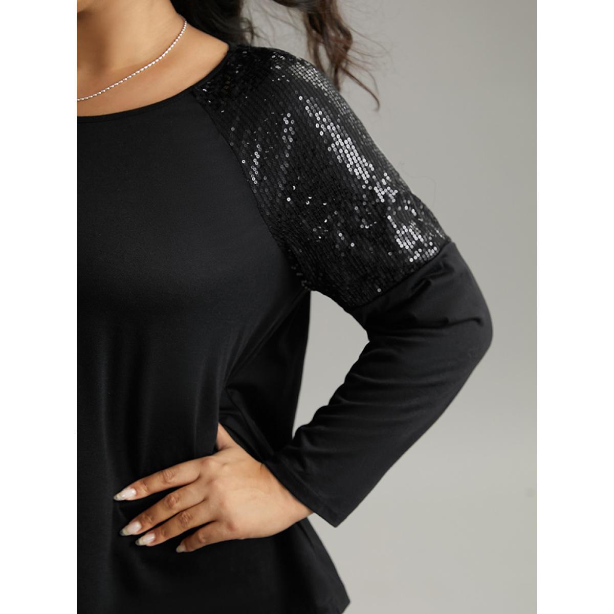 Plus Size Sequin Patchwork Raglan Sleeve T-shirt Black Women Elegant Sequin Galaxy Round Neck Dailywear T-shirts BloomChic 14-16/1X Product Image