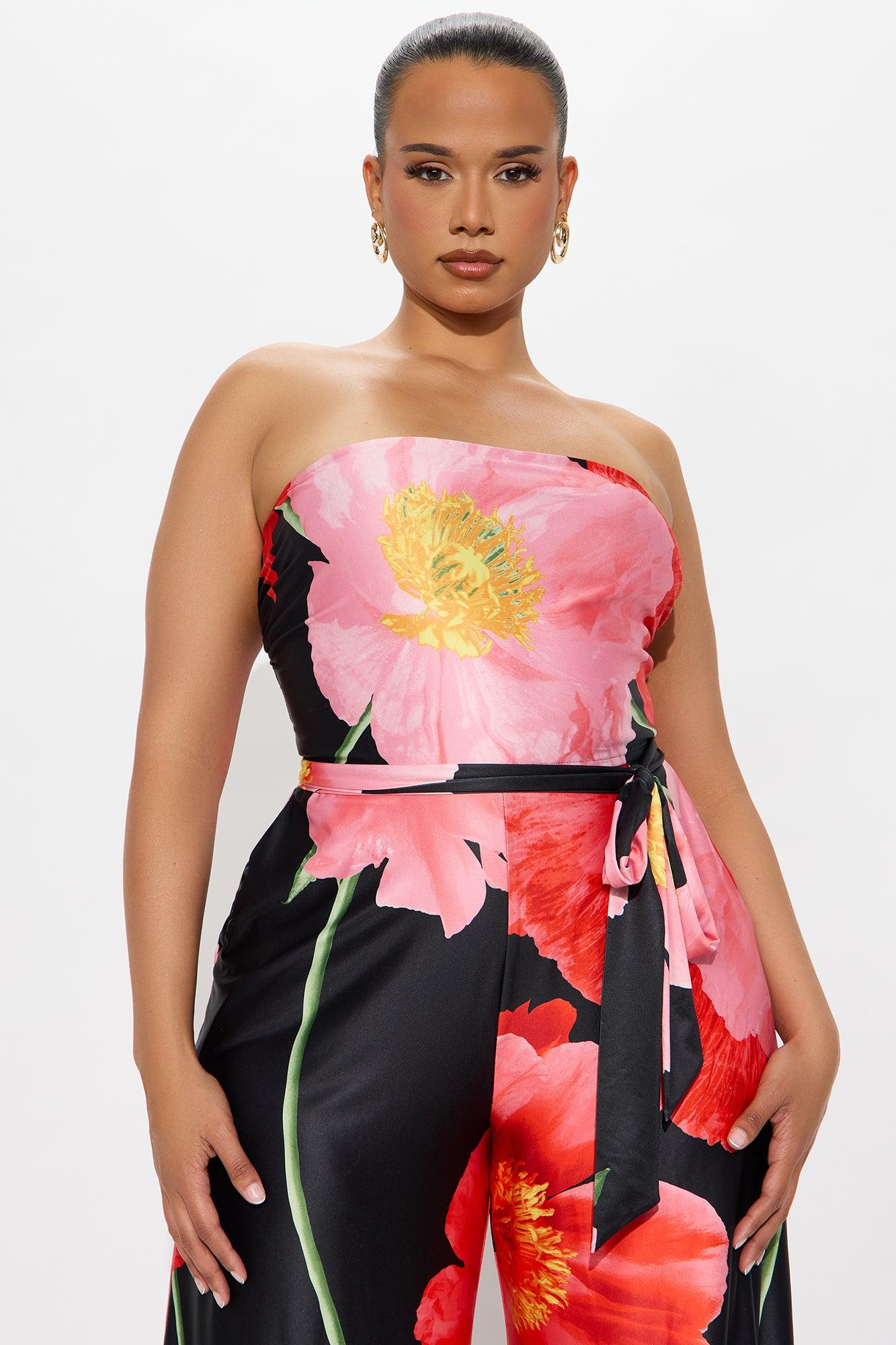 Falling Flower Wide Leg Strapless Jumpsuit - Black/combo Product Image