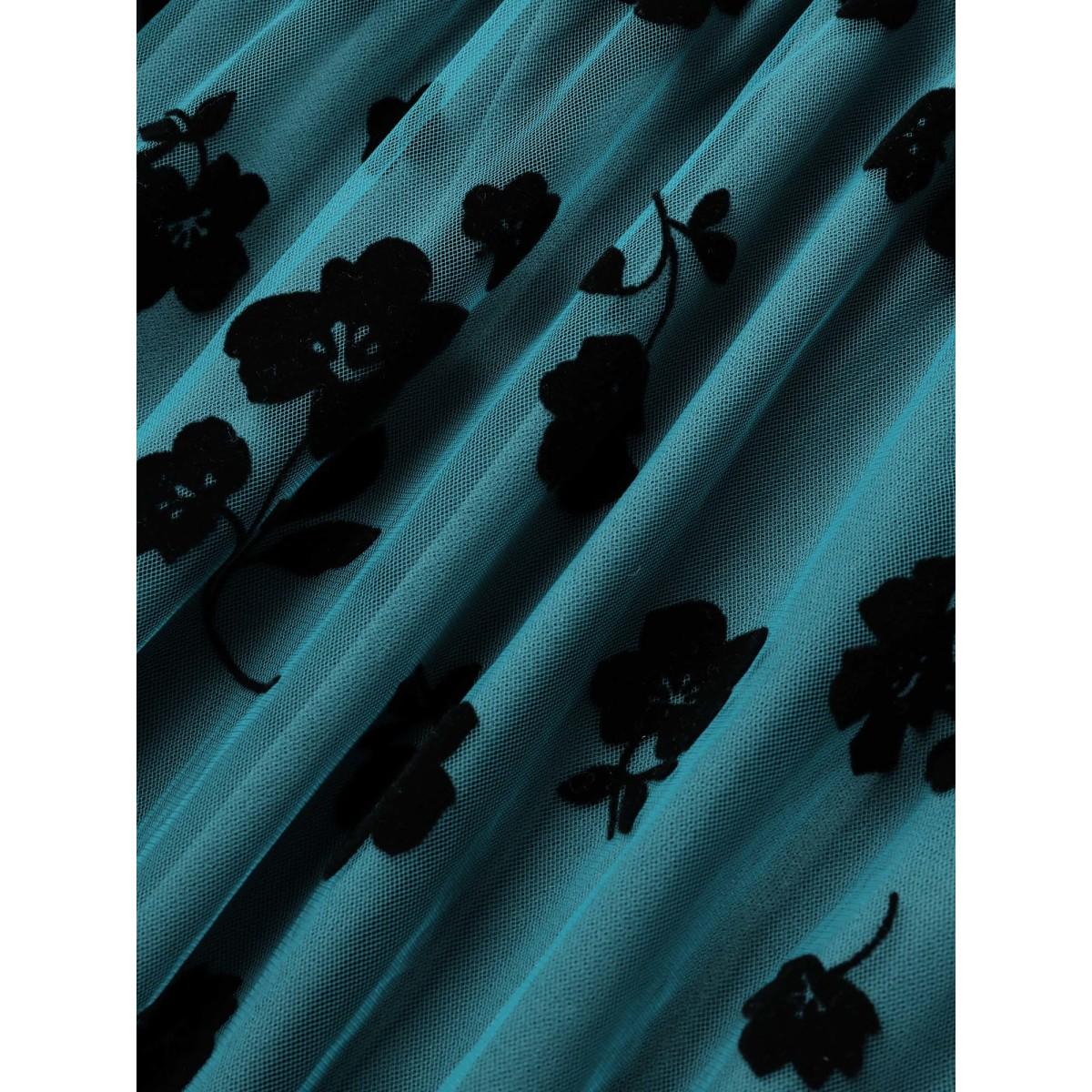 Plus Size Floral Mesh Patchwork Surplice Neck Tank Dress Cerulean Women Party&Cocktail Non Overlap Collar Sleeveless Curvy Midi Dress BloomChic 14-16/1X Product Image