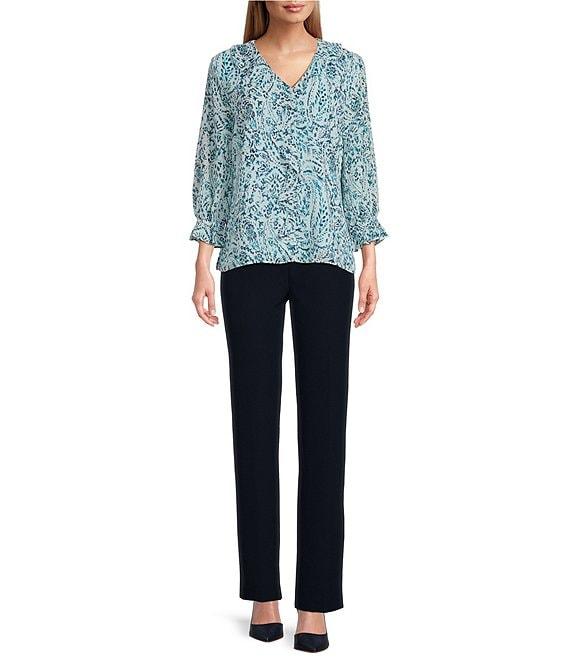 Investments Riley Woven Soft Blue Paisley Cascading Ruffle V-Neck 3/4 Sleeve Top Product Image