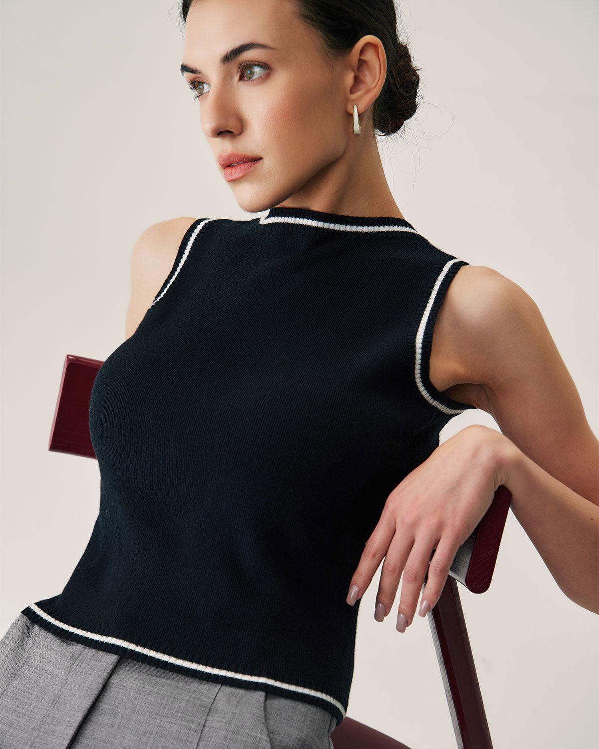 Black Contrast Ribbed Knit Tank Product Image