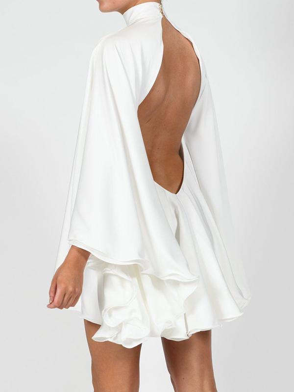 Solid Color High-Neck Backless Flared Sleeves Mini Dress Product Image