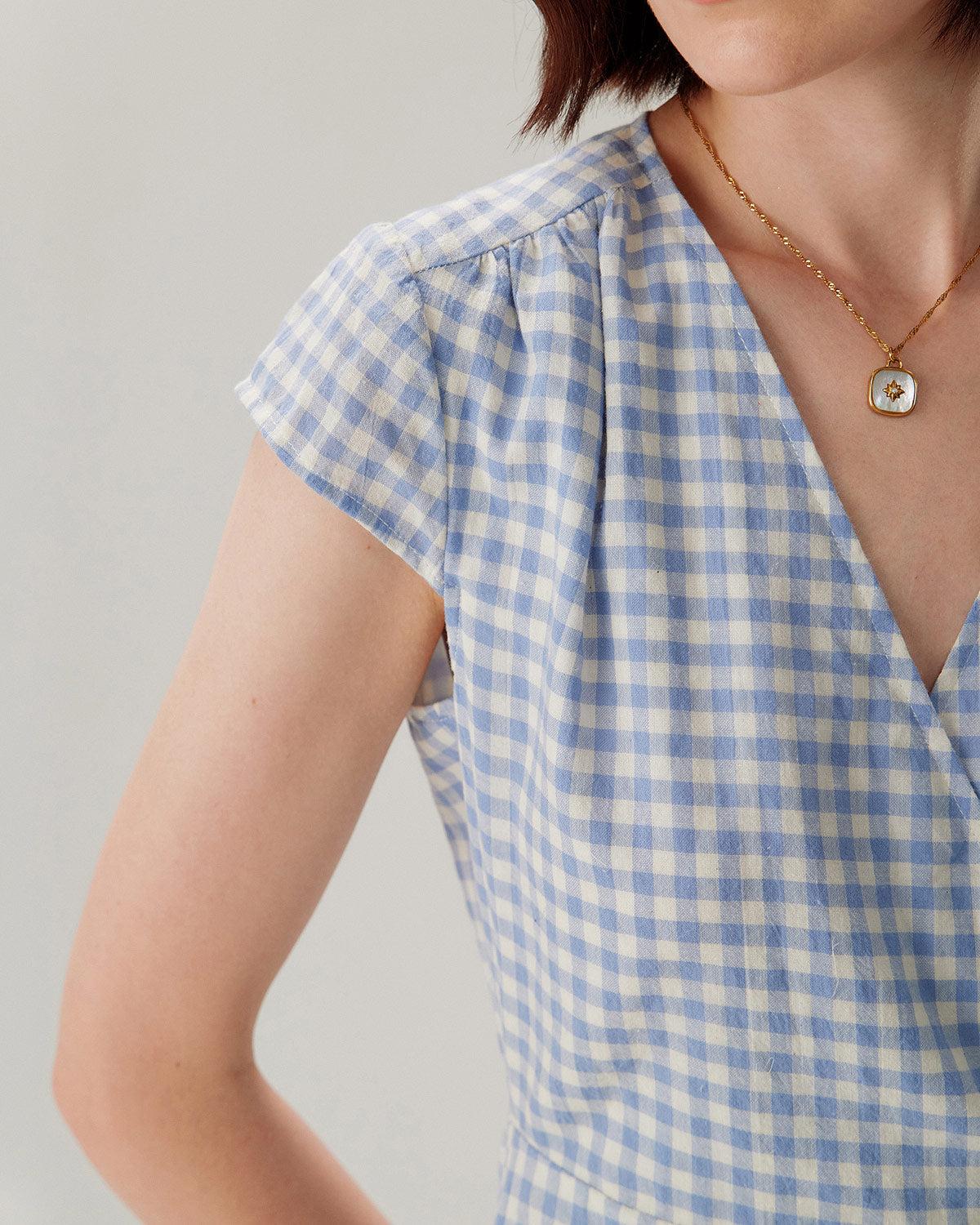 Blue Plaid Cap Sleeve Wrap Mini Dress Product Image