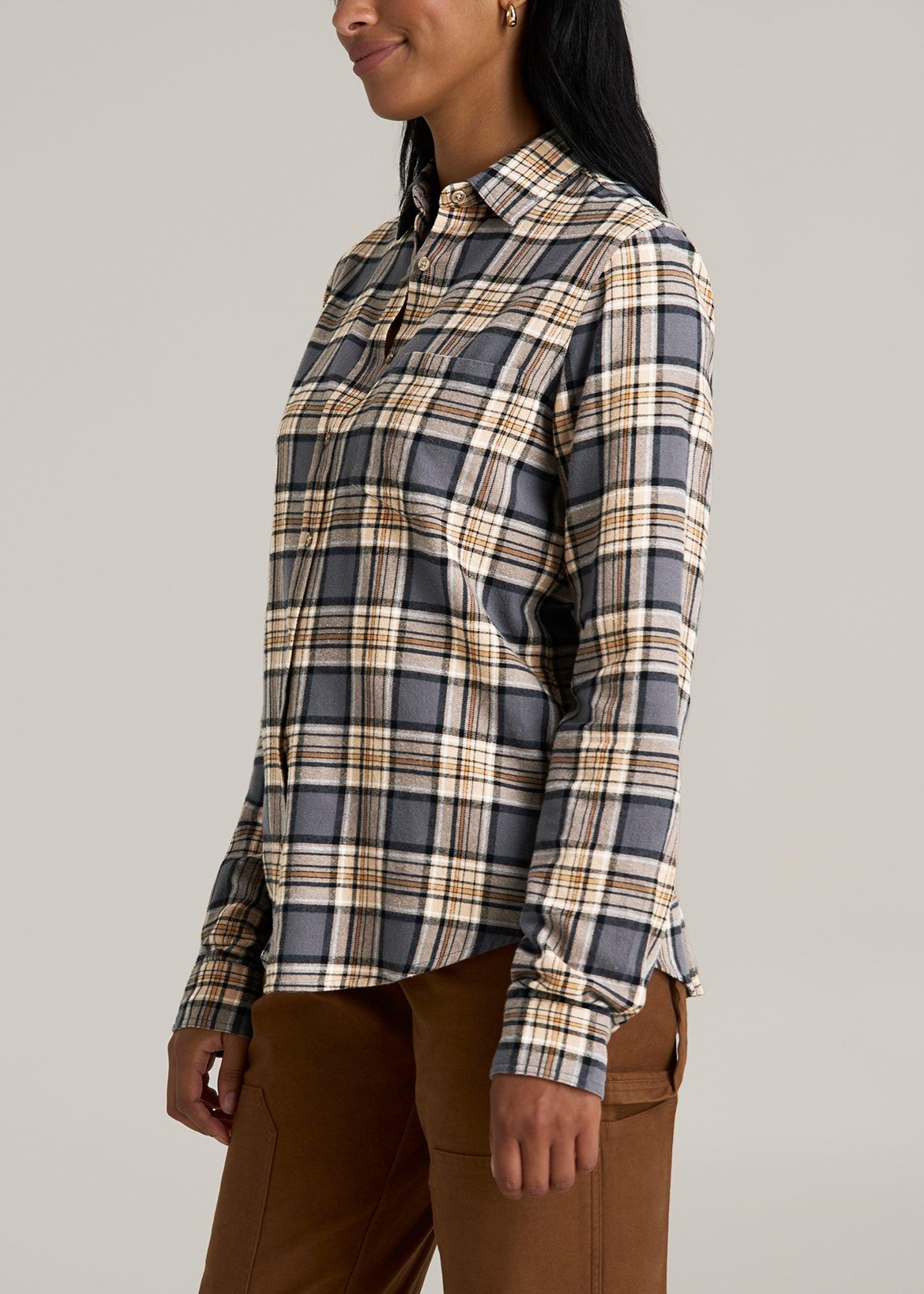 Flannel Button-Up Shirt for Tall Women in Grey and Camel Plaid Product Image