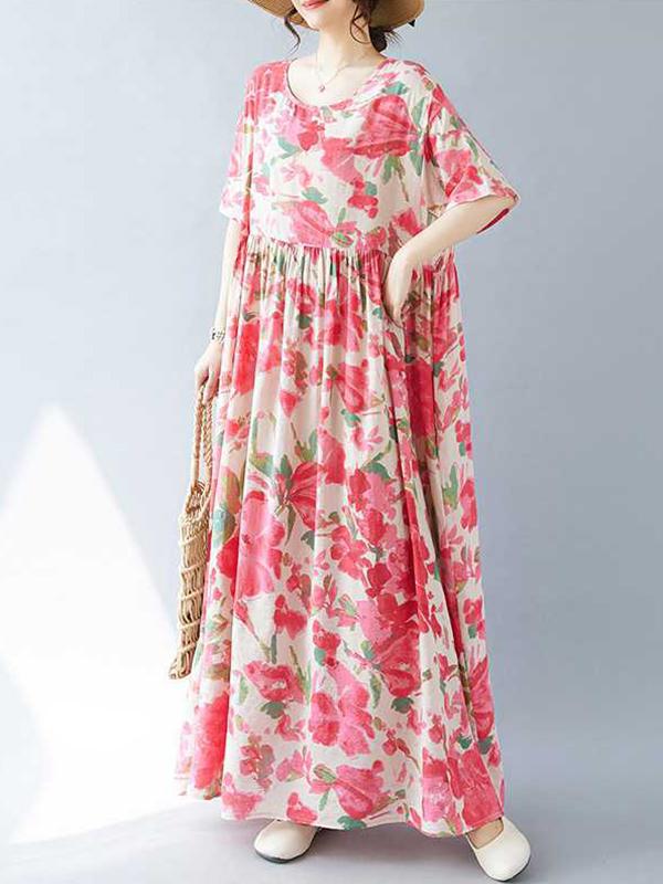 A-line Batwing Sleeves Flower Print Pleated Split-Joint Round-neck Midi Dresses Product Image