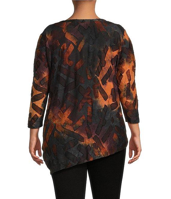 Calessa Plus Size Tie-Dye Print Crew Neck 3/4 Sleeve Asymmetric Tunic Product Image