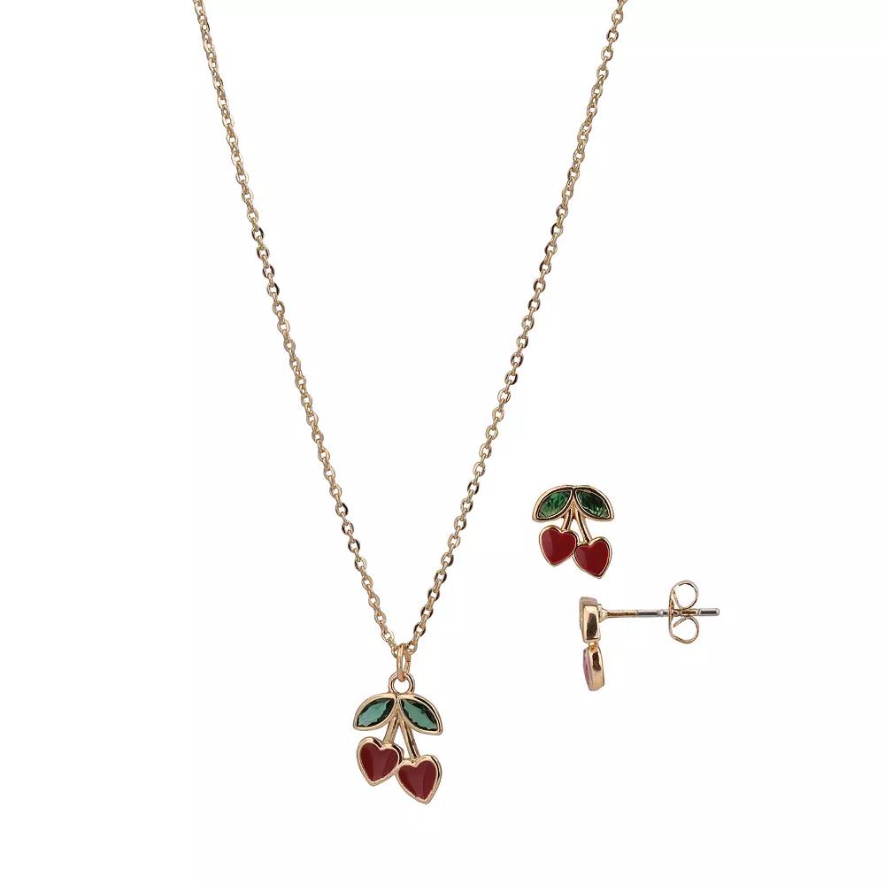 FAO Schwarz Gold Tone Crystal Cherry Pendant Necklace & Stud Earrings Set, Women's, Red Product Image