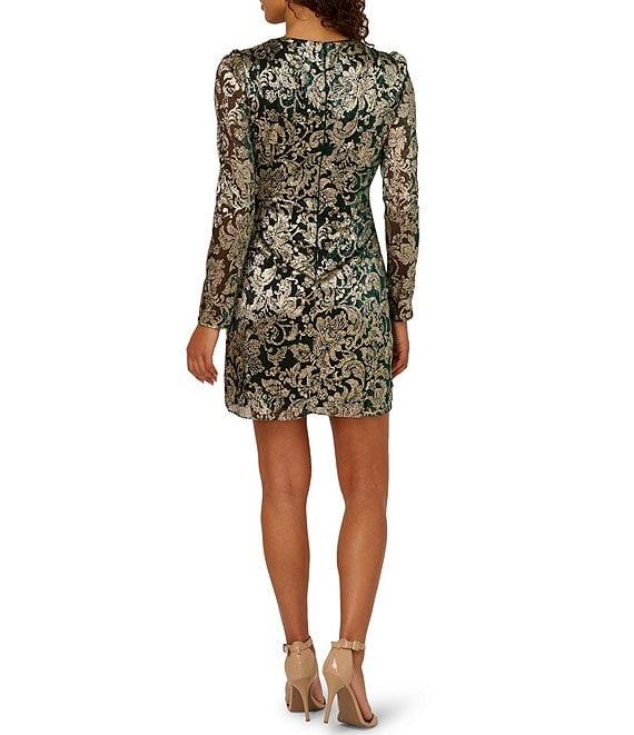 Adrianna Papell Chiffon Crinkle Metallic Long Sleeve Short Wrap Dress Product Image