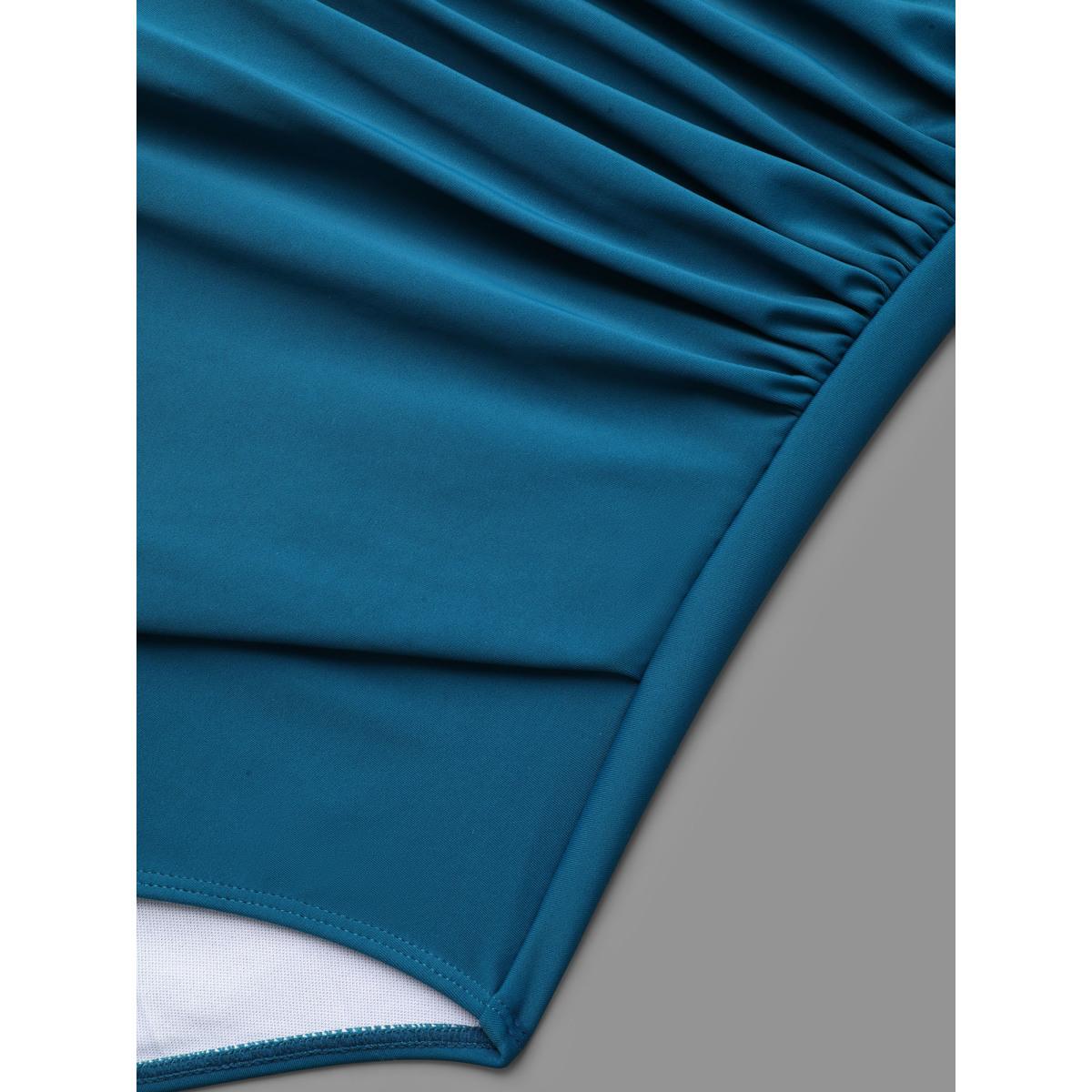 Plus Size Surplice Neck Ruched One Piece Swimsuit Women's Swimwear Cyan Beach Gathered Curve Bathing Suits High stretch One Pieces BloomChic 26/4X Product Image