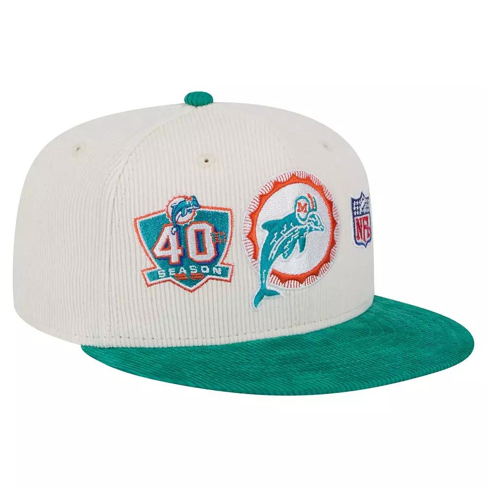 Men's New Era Cream/Aqua Miami Dolphins Throwback Corduroy 59FIFTY Fitted Hat,  Product Image