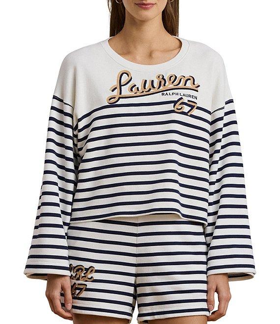 Lauren Ralph Lauren Striped French Terry Embroidered Crew Neck Long Sleeve Cropped Sweatshirt Product Image