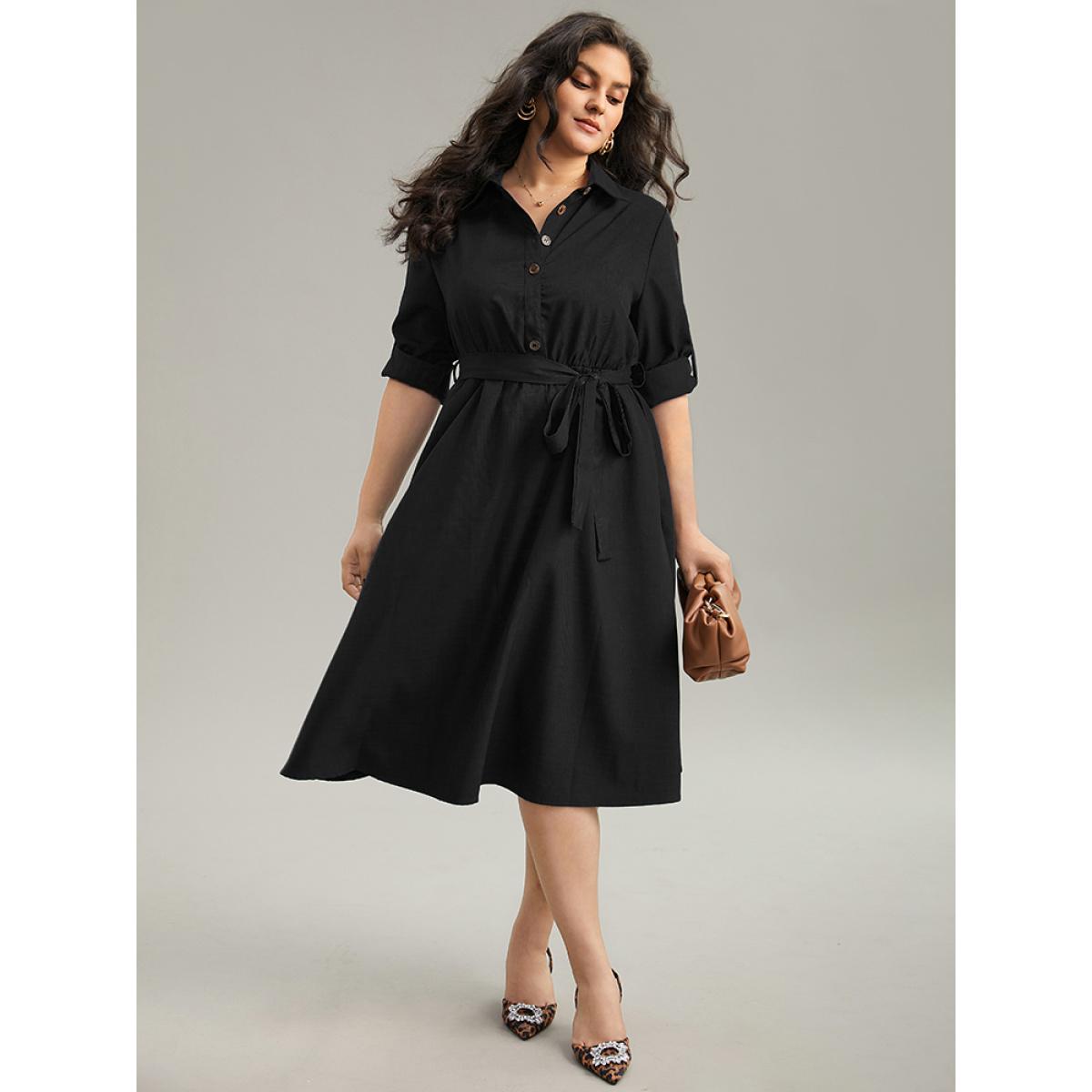 Plus Size Static-Free solid Belted Tab Sleeve Dress Black Women Office Plain Shirt collar Long Sleeve Curvy Midi Dress BloomChic 30/6X Product Image