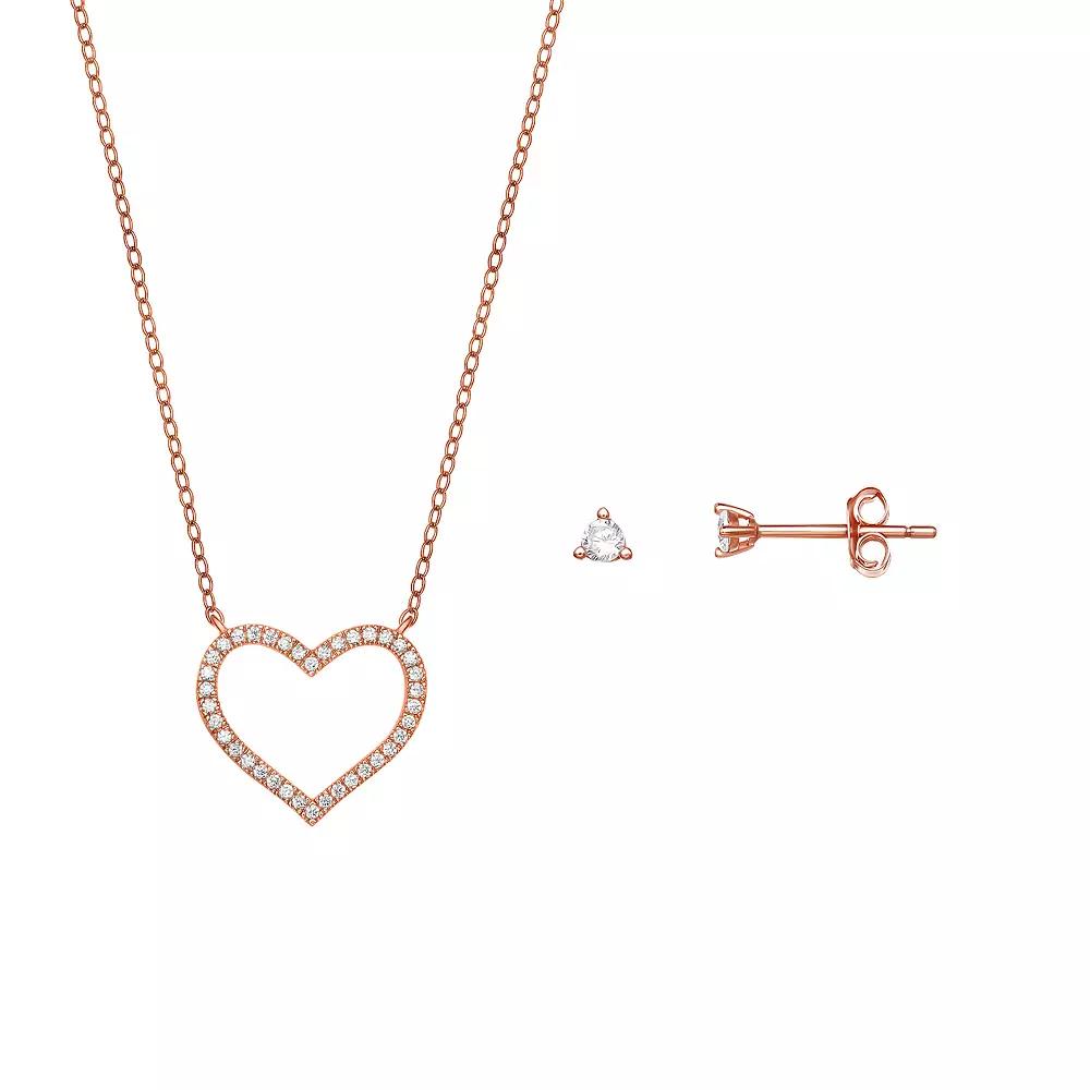 PRIMROSE 18k Gold Over Silver Cubic Zirconia Open Heart Necklace & Stud Earring Set, Women's, Rose Gold Tone Product Image