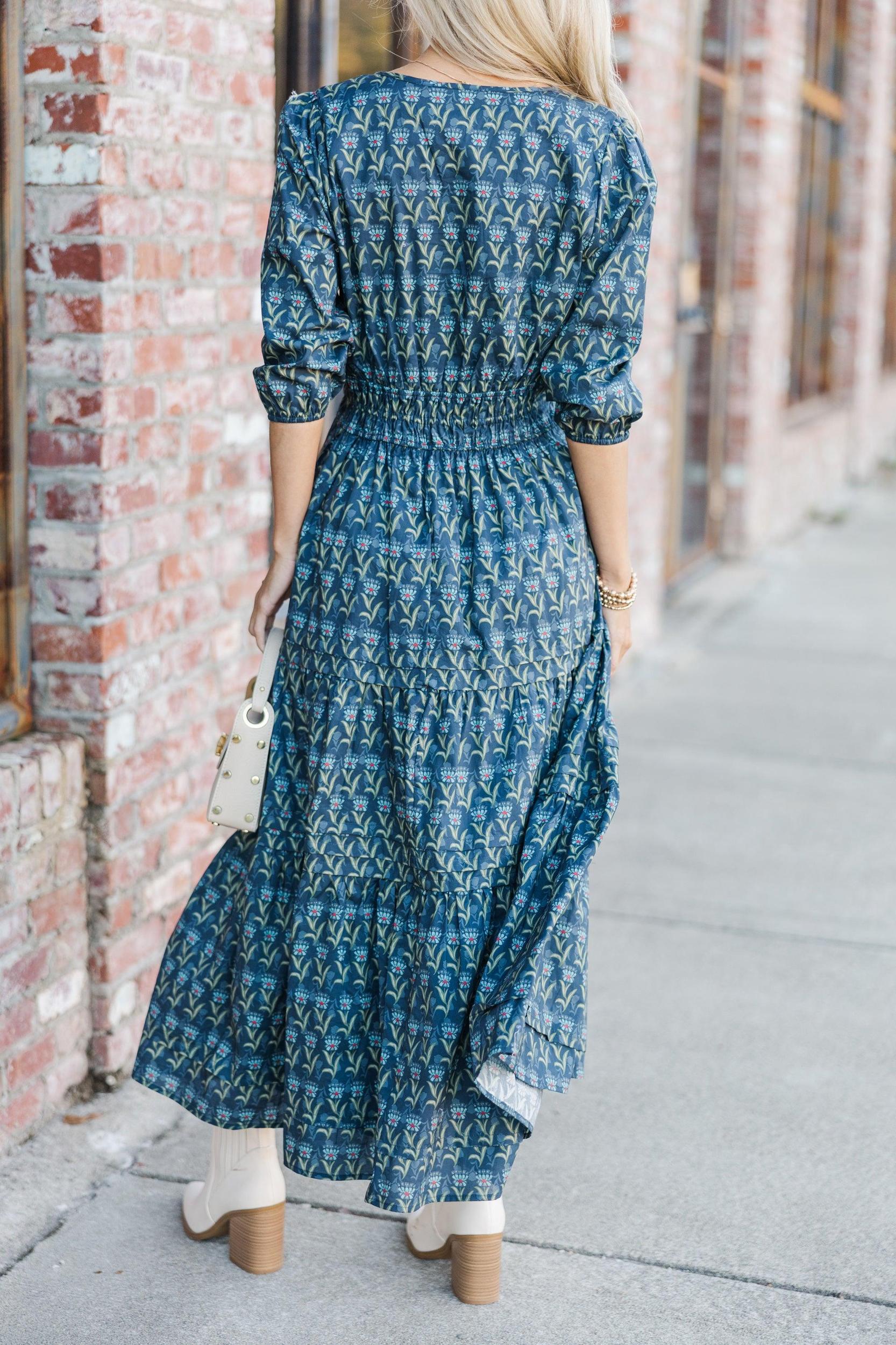 It's In The Air Navy Medallion 3/4 Sleeve Midi Dress Female Product Image