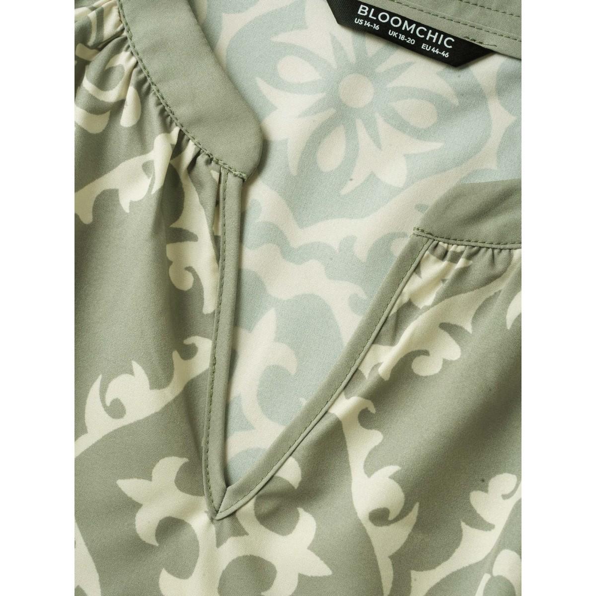 Plus Size Bandana Print Sleeveless Elastic Waist Dress Moss Women Resort Flat collar with V-notch Sleeveless Curvy BloomChic 14-16/1X Product Image