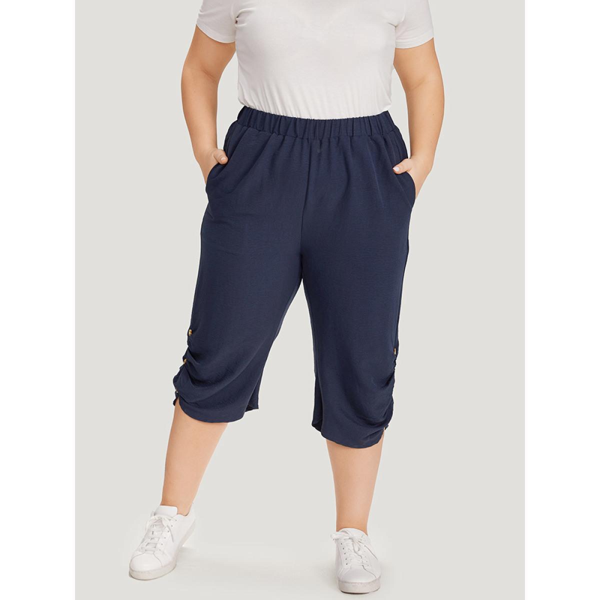 Plus Size Solid Pocket Beaded Detail Gathered Pants Women Blue Casual High Rise Dailywear Pants BloomChic 10/M Product Image