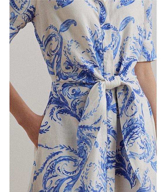 Lauren Ralph Lauren Paisley Tie-Front Linen Fit & Flare Midi Shirt Dress Product Image