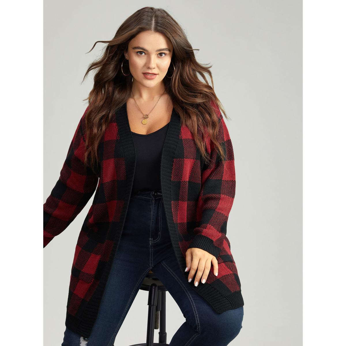 Plus Size Plaid Patched Pocket Loose Cardigan Scarlet Women Casual Loose Long Sleeve Everyday Cardigans BloomChic 28/5X Product Image