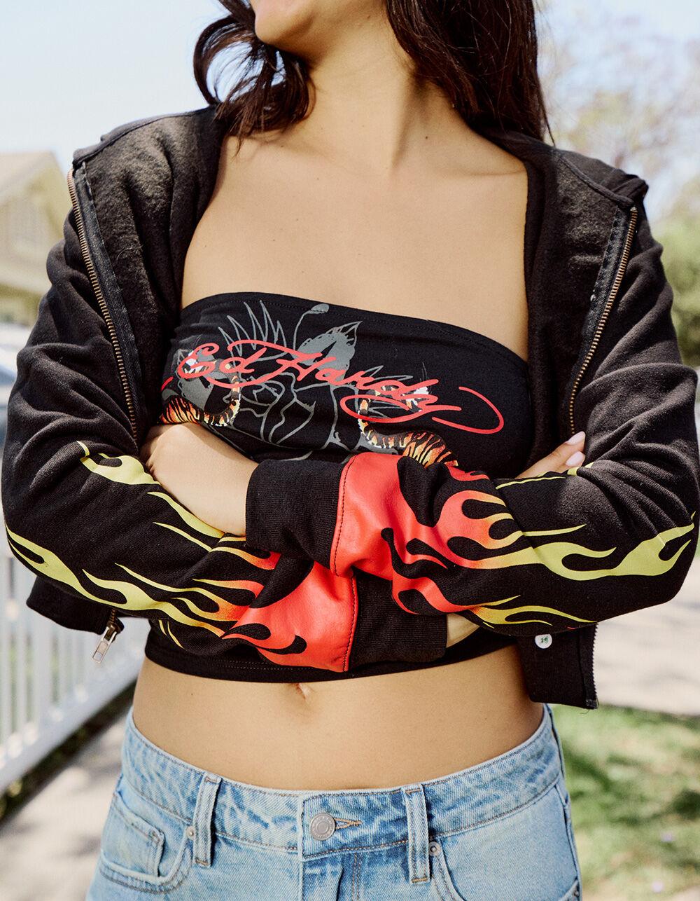 ED HARDY Tiger Flame Womens Crop Zip-Up Hoodie - BLACK Product Image