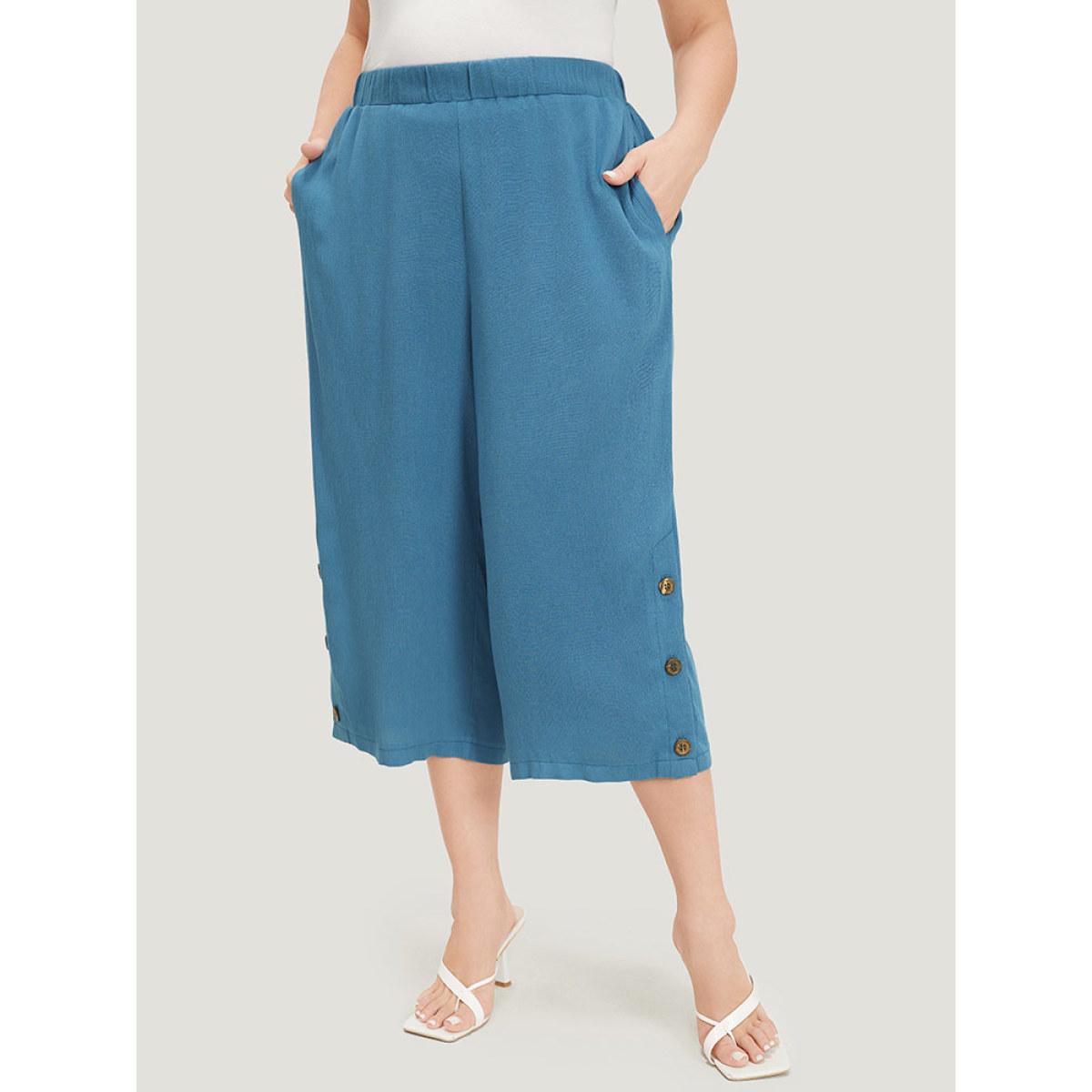 Plus Size Solid Button Gathered Pocket Loose Cropped Pants Women Cerulean Elegant Straight Leg High Rise Dailywear Pants BloomChic 12/L Product Image