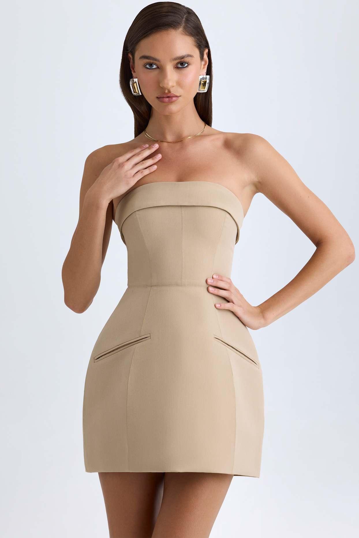 Foldover-Neck Structured Tulip Mini Dress in Camel Product Image