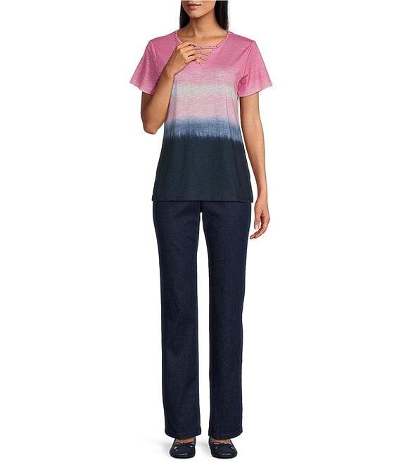 Allison Daley Embellished Ombre Print Short Sleeve Keyhole Neck Knit Top Product Image