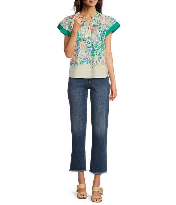 Current Air Woven Floral Print Split Neck Flutter Sleeve Contrast Trim Blouse Product Image