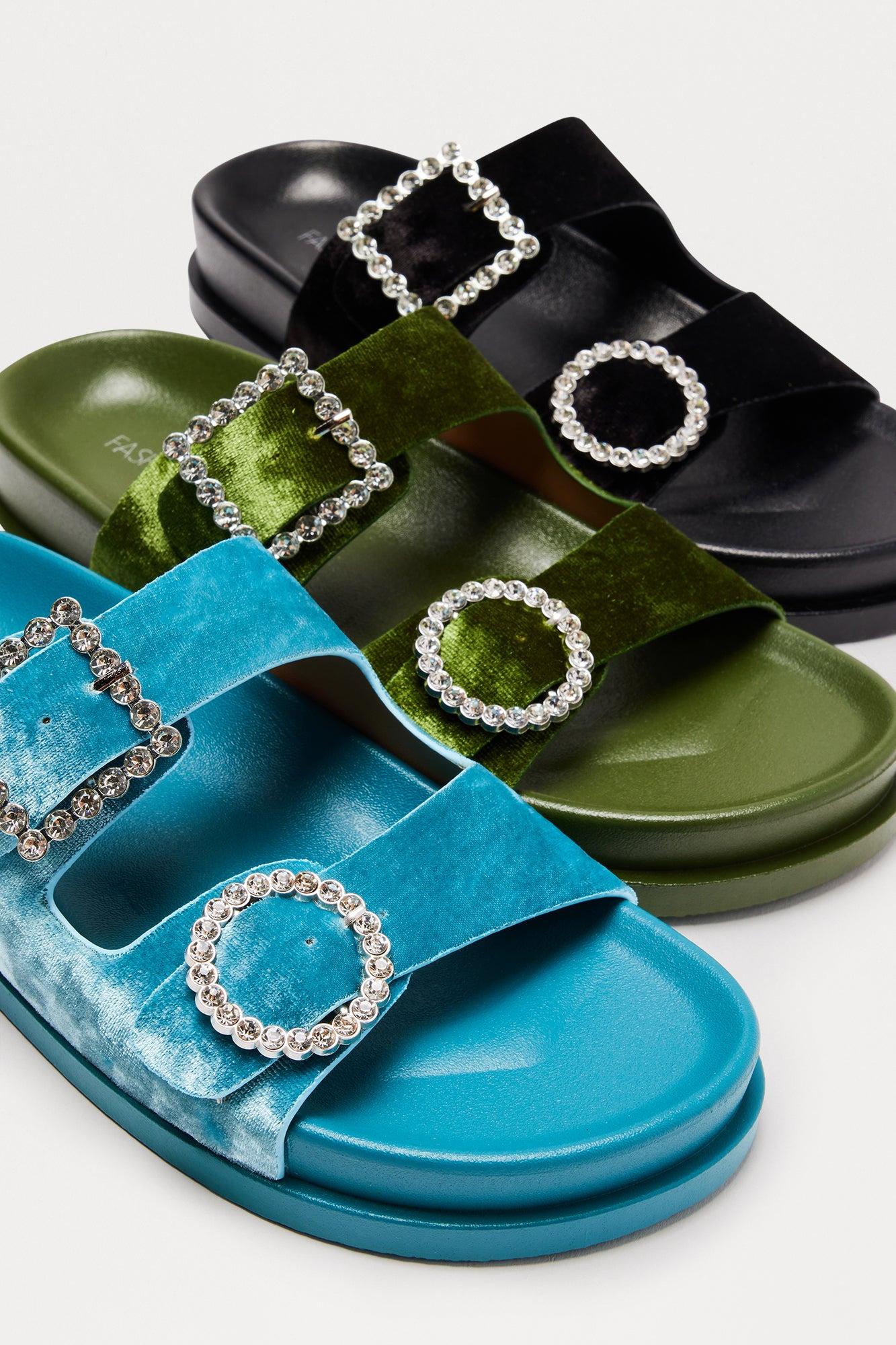 Ivona Rhinestone Buckle Velvet Sandals - Blue Female Product Image