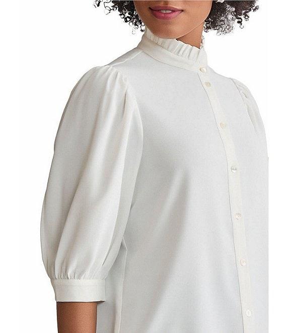 Ming Wang Crepe De Chine Ruffle Neck Elbow Sleeve Button Front Blouse Product Image